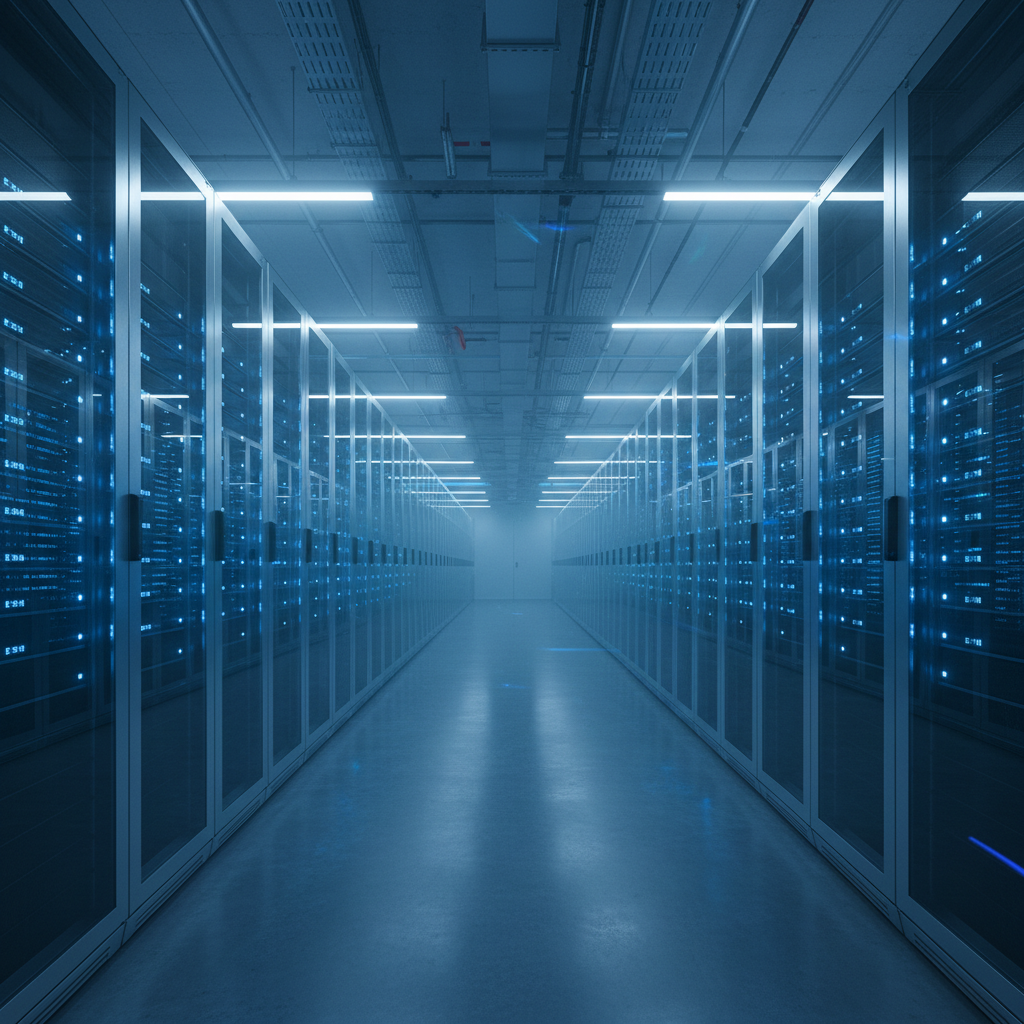 Modern server infrastructure with blue lighting in dark data center environment
